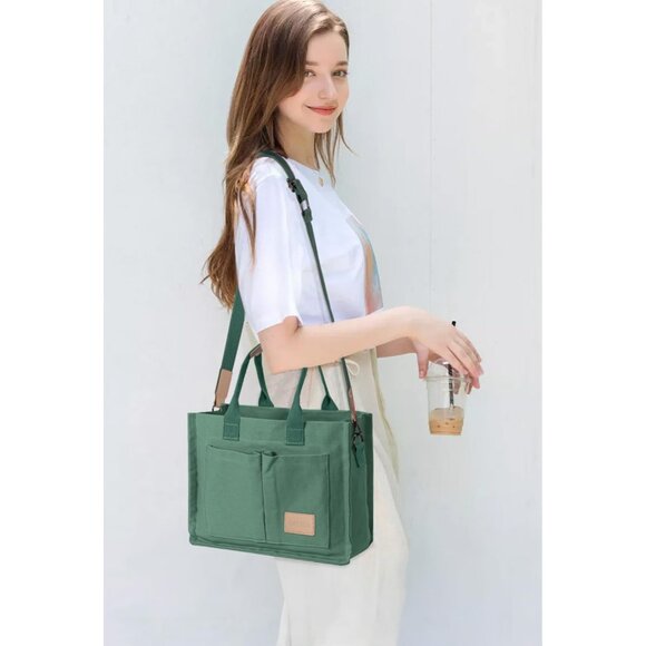 Women's Dark Green Canvas Tote Pockets Handle Crossbody Shoulder Satchel Bag - Picture 6 of 7